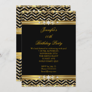 Invitation Elégant or noir Chevron Diamond Anniversaire 2