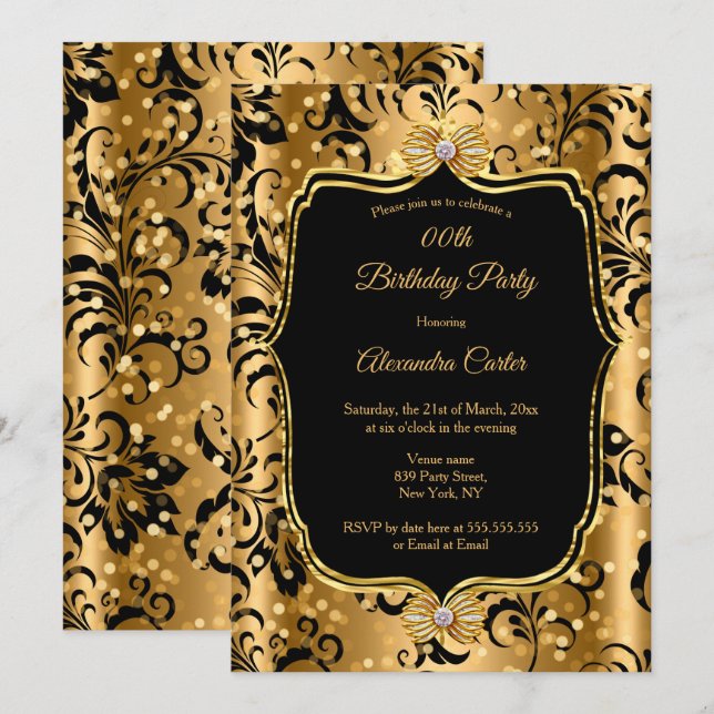 Invitation Elégant or noir Damask Jewel Bow Anniversaire (Devant / Derrière)