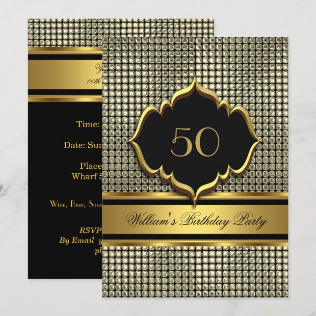 Invitation Elégant or noir fête d'anniversaire Mens Homme (Devant / Derrière)