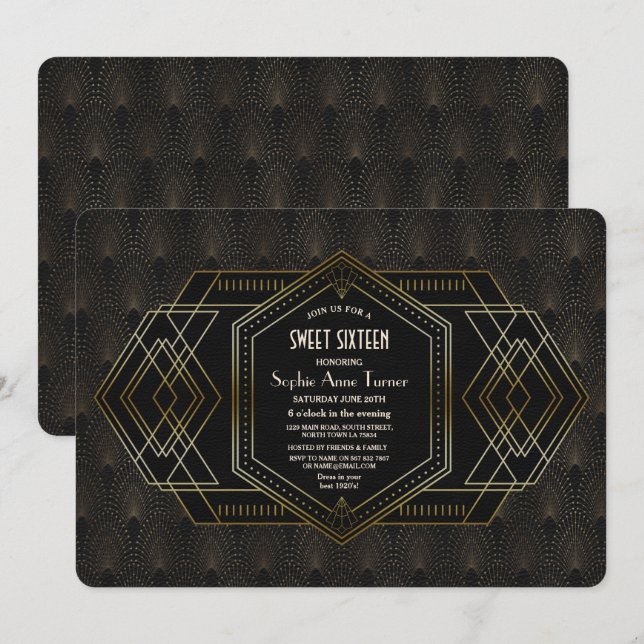Invitation Elégant Or Noir Grand Gatsby Sweet sixteen (Devant / Derrière)