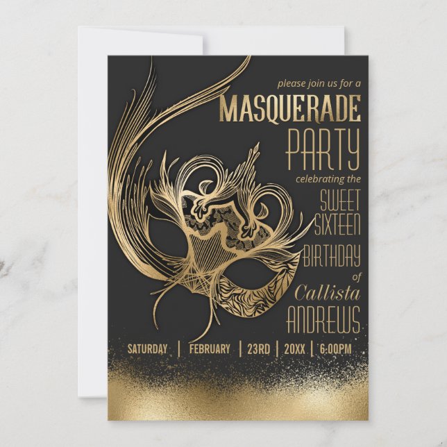 Invitation Elégant or noir Mascarade Masque Sweet sixteen (Devant)