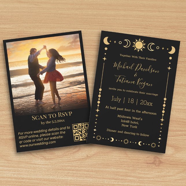 Invitation élégant or noir mystique photo code qr mariage (Créateur téléchargé)