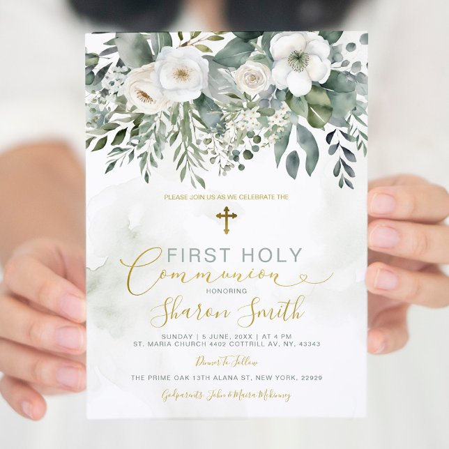 Invitation Elégant or Première Sainte Communion Blanc Floral (Créateur téléchargé)
