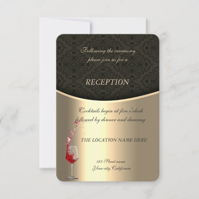 Invitation Elégant or, Réception Mariage damassé Noir (Devant)