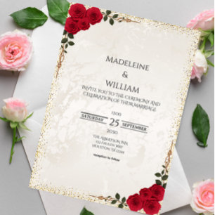 Invitation Elégant or Romantique Roses Rouge Mariage