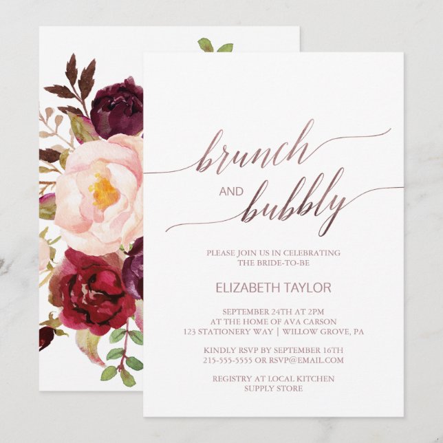 Invitation Élégant or Rose | Brunch floral & bulle (Devant / Derrière)