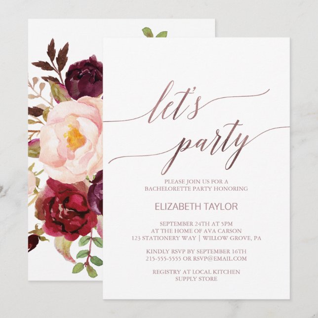 Invitation Élégant or Rose | Floral Back Let's Party (Devant / Derrière)