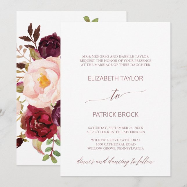 Invitation Élégant or Rose | Floral Mariage officiel (Devant / Derrière)