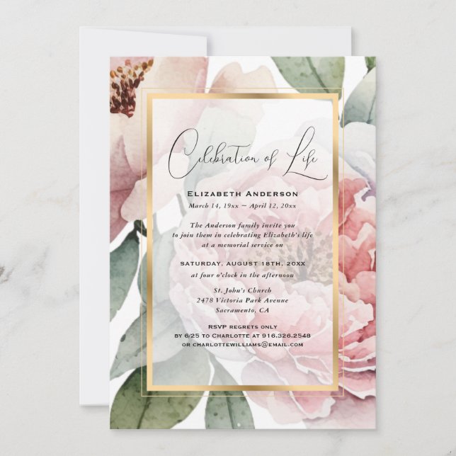Invitation Elégant or rose floral photo Célébration de la vie (Devant)
