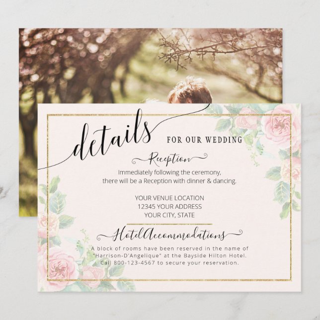 Invitation Élégant or rose floral Script Mariage Détails (Devant / Derrière)