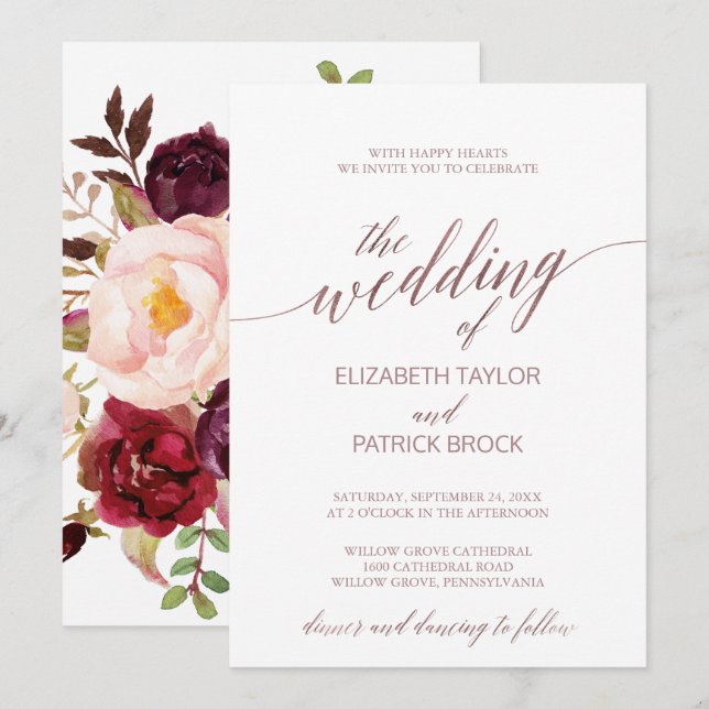 Invitation Élégant or Rose | Mariage d'emballage floral (Devant / Derrière)