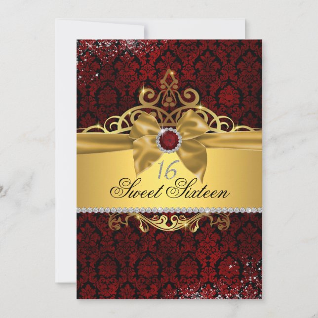 Invitation Elégant or ruby rouge Damask Sweet sixteen Invitat (Devant)