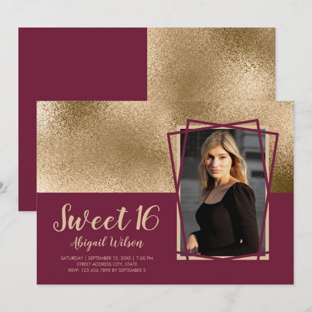 Invitation Elégant or & sweet sixteen bordeaux anniversaire (Devant / Derrière)