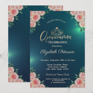 Invitation Elégant or Tiara Floral Rose Quinceañera