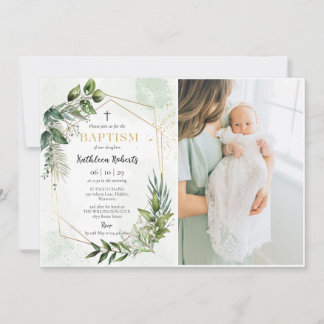 Invitation Élégant or vert floral feuillage Baptême Photo
