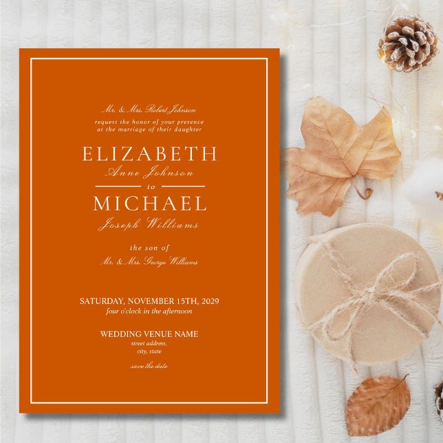 Invitation Élégant orang brûlé et mariage de script classique (Créateur téléchargé)