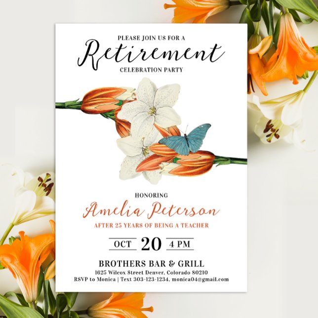Invitation Élégant Orange blanc élégant retraite floral (Créateur téléchargé)