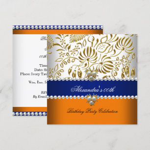 Invitation Élégant Orange Bleu Marine Or Damassé Perle Soirée
