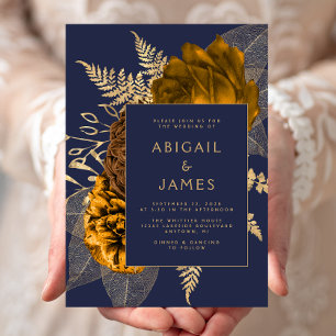Invitation Élégant Orange Brûlé Or Floral Bleu Nuit Mariage