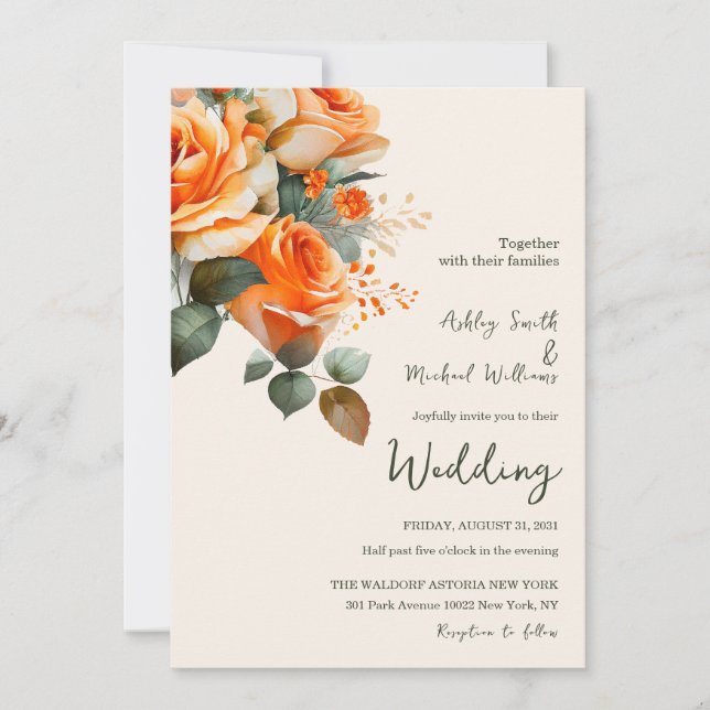 Invitation Elégant orange et Mariage d'aquarelle Sage (Devant)