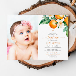 Invitation Élégant Orange Floral Photo Baptême