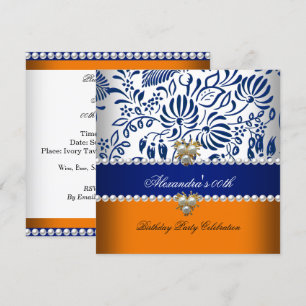 Invitation Elegant Orange Navy Blue Damask Pearl Party 2