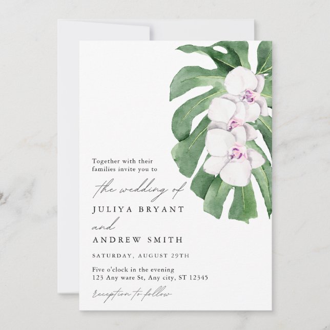 Invitation Elegant Orchid on Tropical leaf script wedding (Devant)