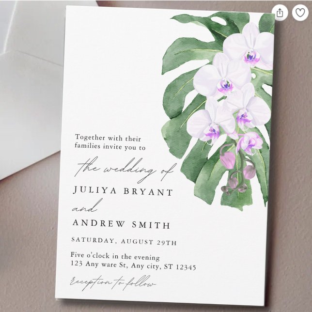 Invitation Elegant Orchid on Tropical leaf script wedding (Créateur téléchargé)