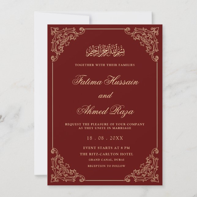 Invitation Élégant Ornate Bourgogne Gold Script Mariage musul (Devant)