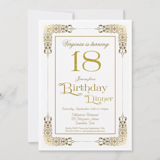 Invitation Elégant Ornate Gold Lace 18ème anniversaire Dîner (Devant)