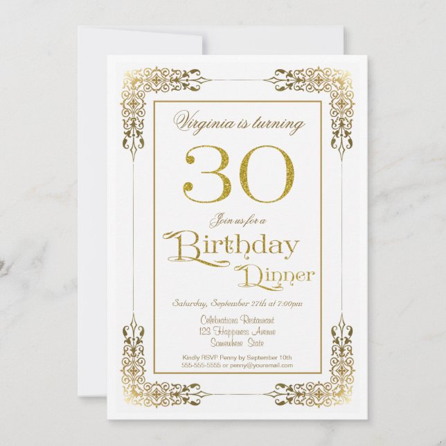Invitation Elégant Ornate Gold Lace 30e Anniversaire Dîner (Devant)