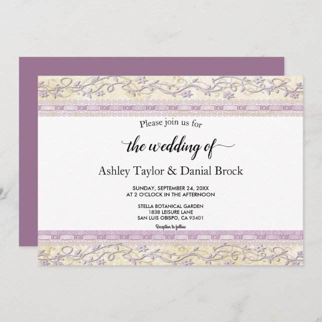 Invitation Élégant Ornate Simple Script Purple Classy Mariage (Devant / Derrière)