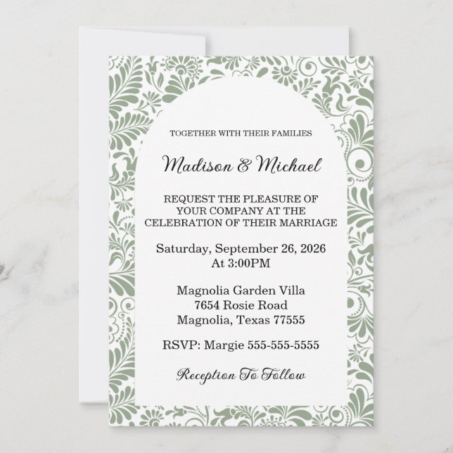 Invitation Elegant Ornate Swirl Sage Green Floral Wedding (Devant)