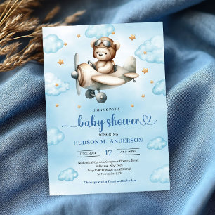 Invitation Élégant Ours en Peluche Pilote Bleu Marron Baby Sh
