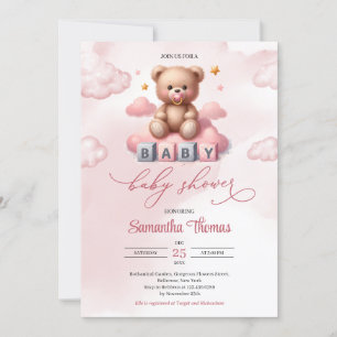 Invitation Elégant Ours en peluche rose aquarelle avec pacifi