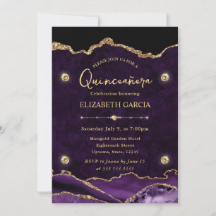 Invitation Élégant Pailleté Violet et Or Agate Quinceanera