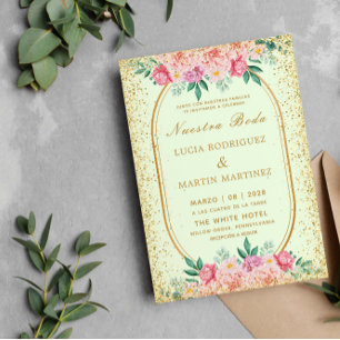 Invitation Élégant Paillettes Floral Or Vert Notre Mariage