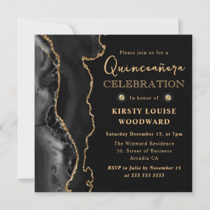 Invitation Élégant Paillettes Noir et Or Agate Quinceanera