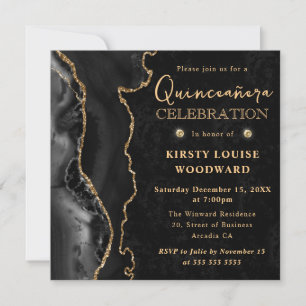 Invitation Élégant paillettes noir or Agate Quinceanera