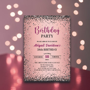 Invitation Elégant Paillettes Noires Métallisé Rose 38e Anniv