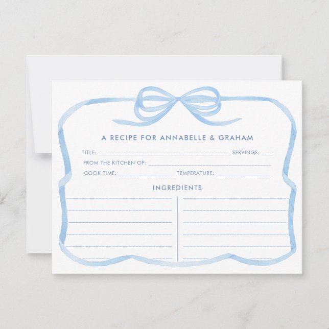 Invitation Elégant Pale Blue Bow Fête des mariées Recette Car (Devant)
