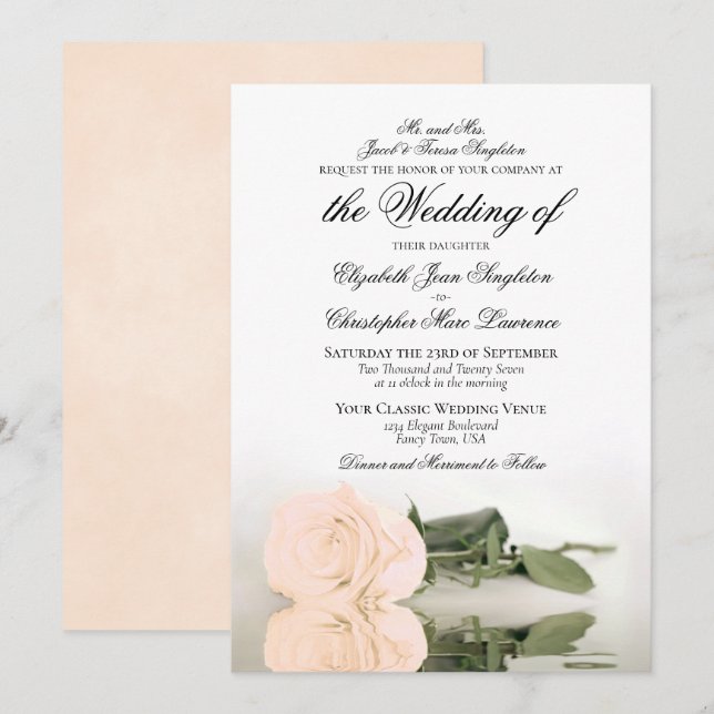 Invitation Élégant Pale Orange ou Peach Rose Mariage formel (Devant / Derrière)