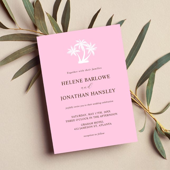 Invitation Élégant Palm Tree rose Tropical Minimaliste Mariag (Elegant Palm Tree Pink Tropical Minimalist Wedding Invitation)