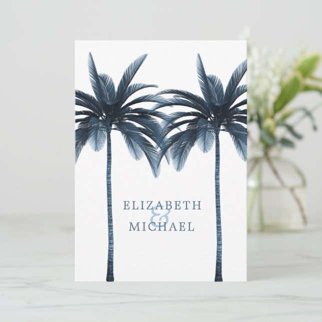 Invitation Élégant Palme Bleu Moderne Mariage (Debout devant)