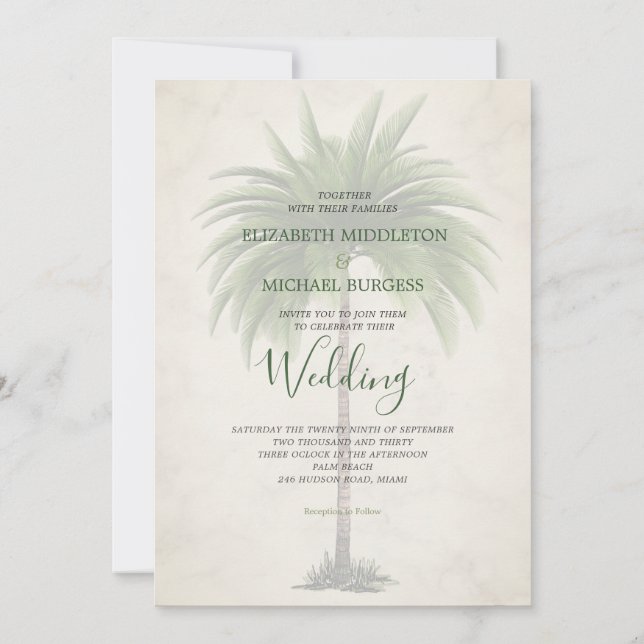 Invitation Élégant Palmier Vert Moderne Mariage de Champagne  (Dos)