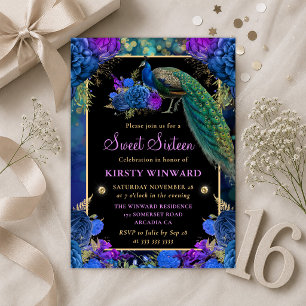 Invitation Élégant Paon Floral Seize Ans Douce Fête