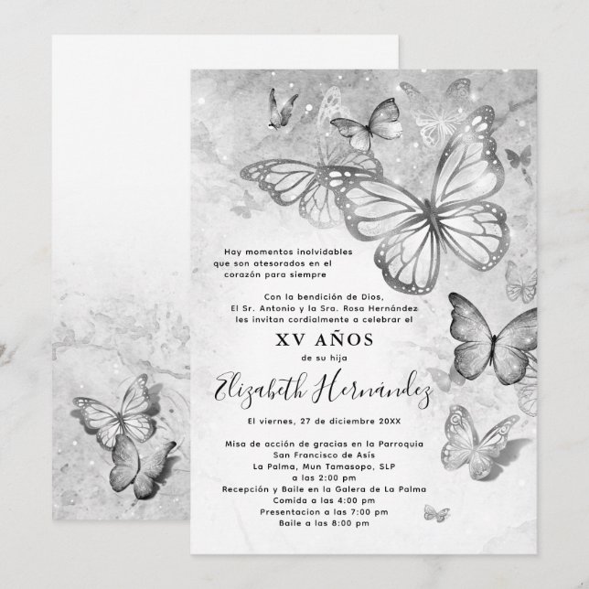 Invitation Elégant papillon argenté espagnol Quinceanera (Devant / Derrière)