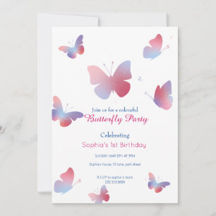 Invitation Elégant Papillon bleu rose 1er anniversaire