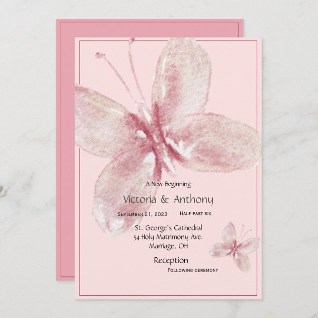 Invitation Elégant Papillon d'aquarelle rose mauve (Devant / Derrière)