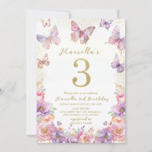 Invitation Élégant Papillon de 3 ans de naissance Fille à l'a